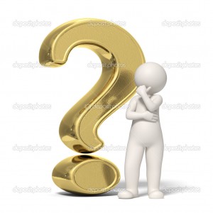 3d guy thinking in front of a big gold question mark - Isolated icon